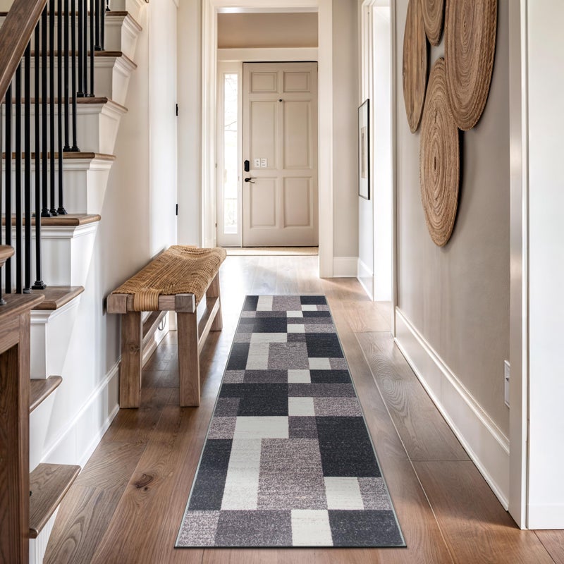 Rugshop Modern Boxes Design Non-Slip (Non-Skid) Runner Rug 2' x 10' Gray - Image 3